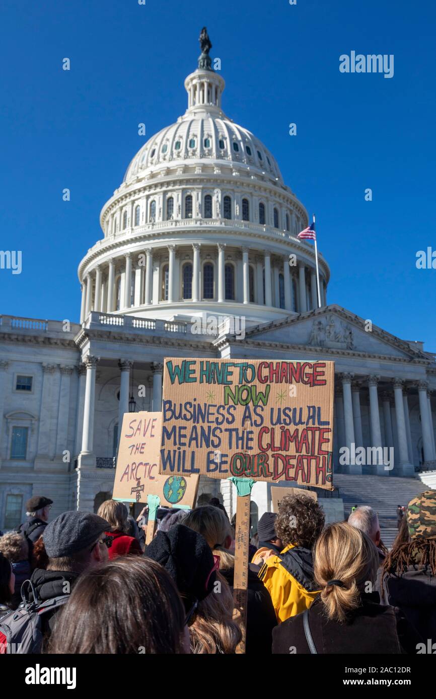 Washington, DC - 29 November 2019 - A rally at the U.S. Capitol, one of a series of weekly 'Fire Drill Fridays' led by Jane Fonda, demanding that political leaders take action on the climate change crisis. Thirty-eight people were arrested when they refused to leave the Capitol steps. Credit: Jim West/Alamy Live News Stock Photo