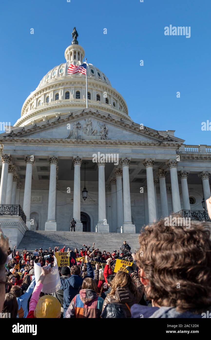 Washington, DC - 29 November 2019 - A rally at the U.S. Capitol, one of a series of weekly 'Fire Drill Fridays' led by Jane Fonda, demanding that political leaders take action on the climate change crisis. Thirty-eight people were arrested when they refused to leave the Capitol steps. Credit: Jim West/Alamy Live News Stock Photo