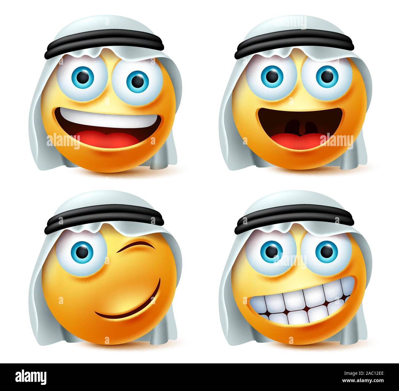 Happy arab emoji and emoticon vector set. Saudi arabian cute emojis face with happy, naughty and smiling facial expression wearing white thobe. Stock Vector