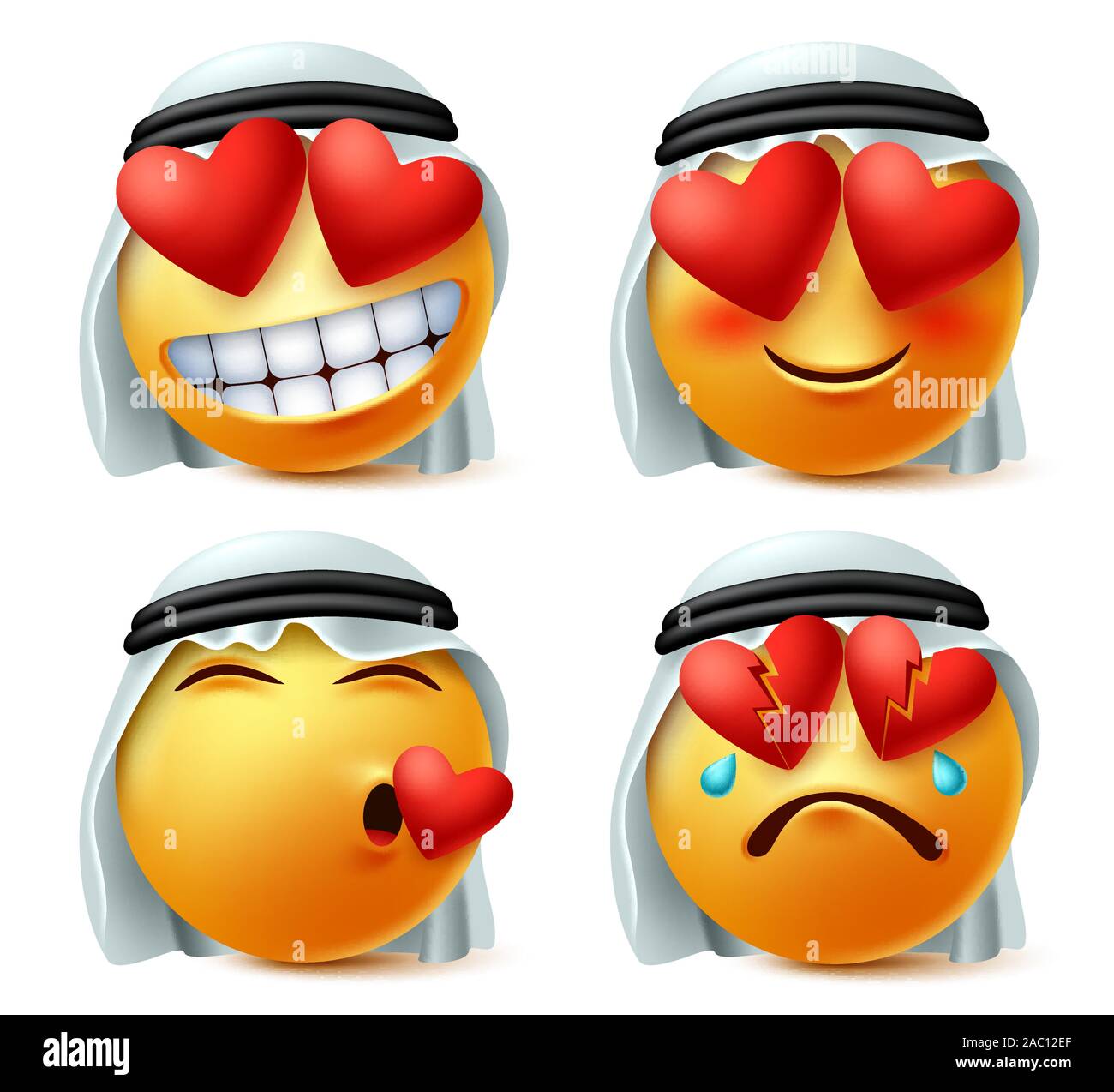 Arab smileys of heart and love vector emoticon set. Saudi arabian smiley emoticon cute face in in love, broken, hurt and loved expression wearing. Stock Vector