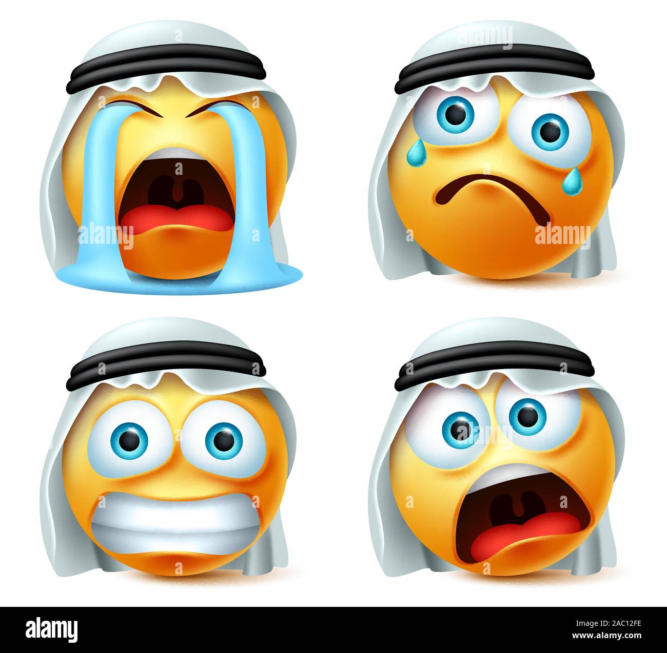 Smiley arab crying emoji vector set. Saudi arab emoticon or smiley yellow face in crying, scared, surprise and sad emotion with white traditional. Stock Vector
