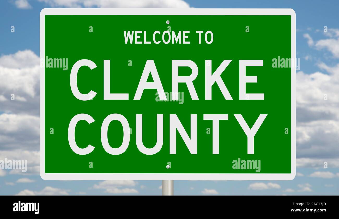 Rendering of a green 3d highway sign for Clarke County Stock Photo