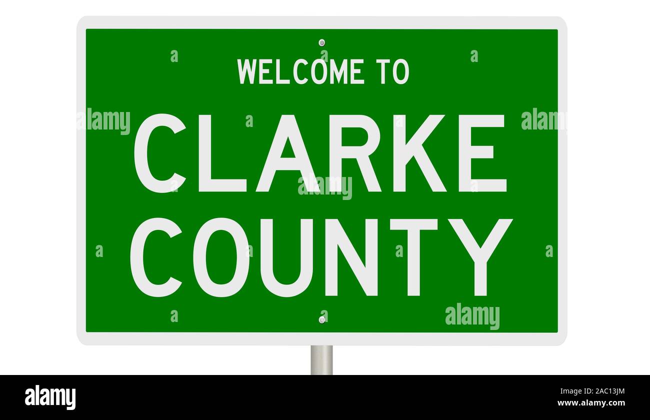 Rendering of a green 3d highway sign for Clarke County Stock Photo