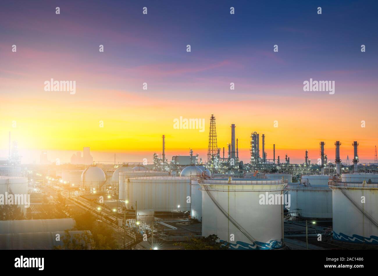 Large oil and gas refinery industrial area and beautiful lighting at Twilight. Stock Photo