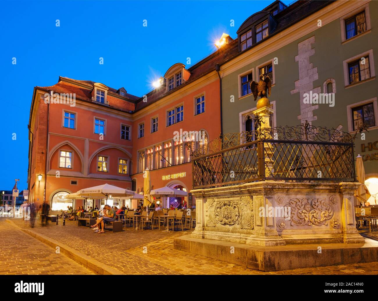 Egle fountain and House Heuport, Herb Market, Old Town, Regensburg, Upper Palatinate, Bavaria, Germany Stock Photo