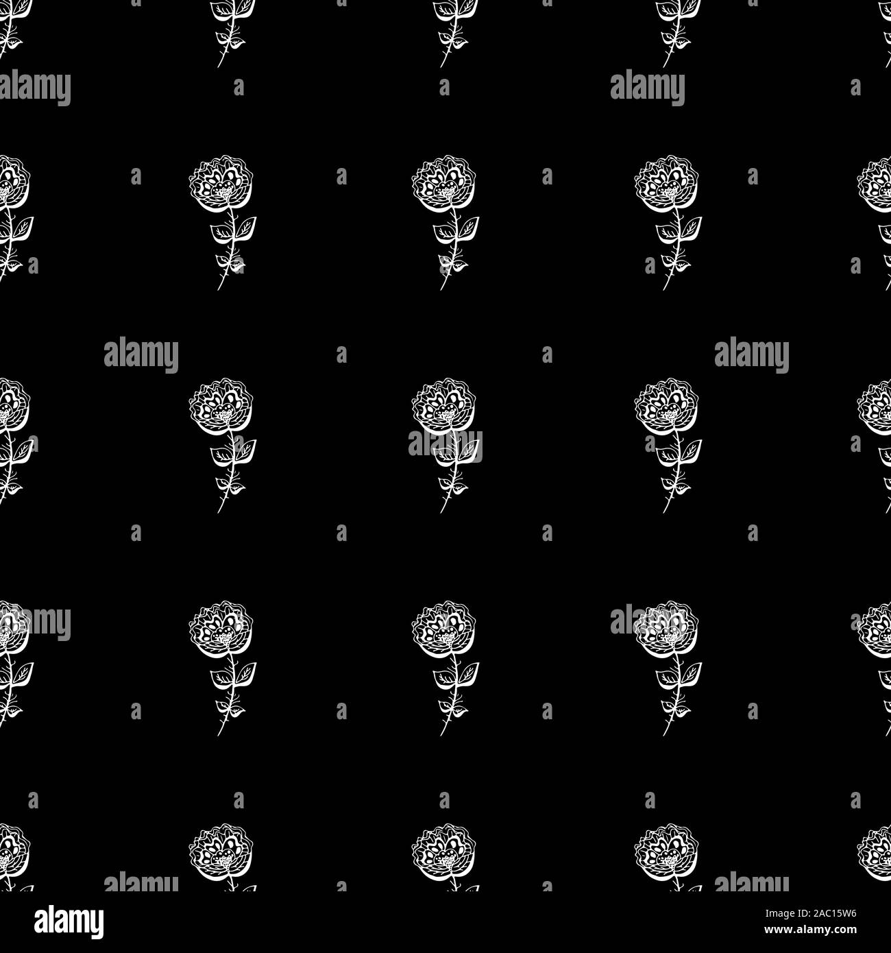 Seamless hand drawn pattern of abstract rose flowers isolated on black ...