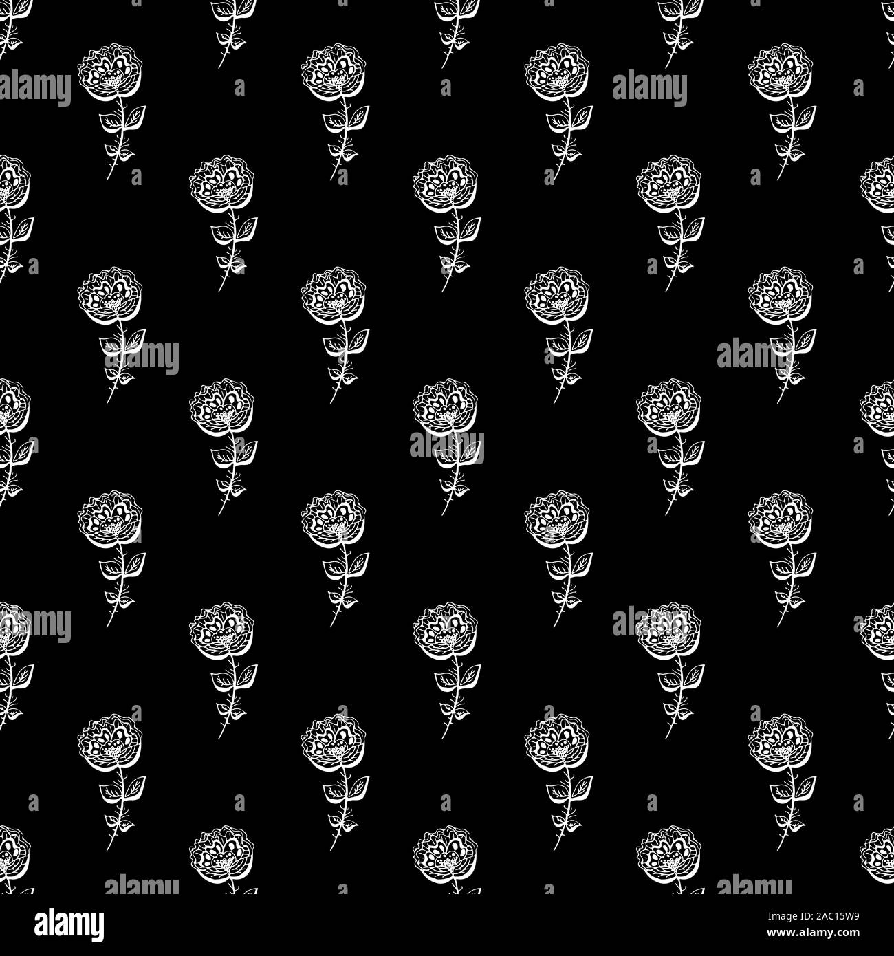 Seamless hand drawn pattern of abstract rose flowers isolated on black ...