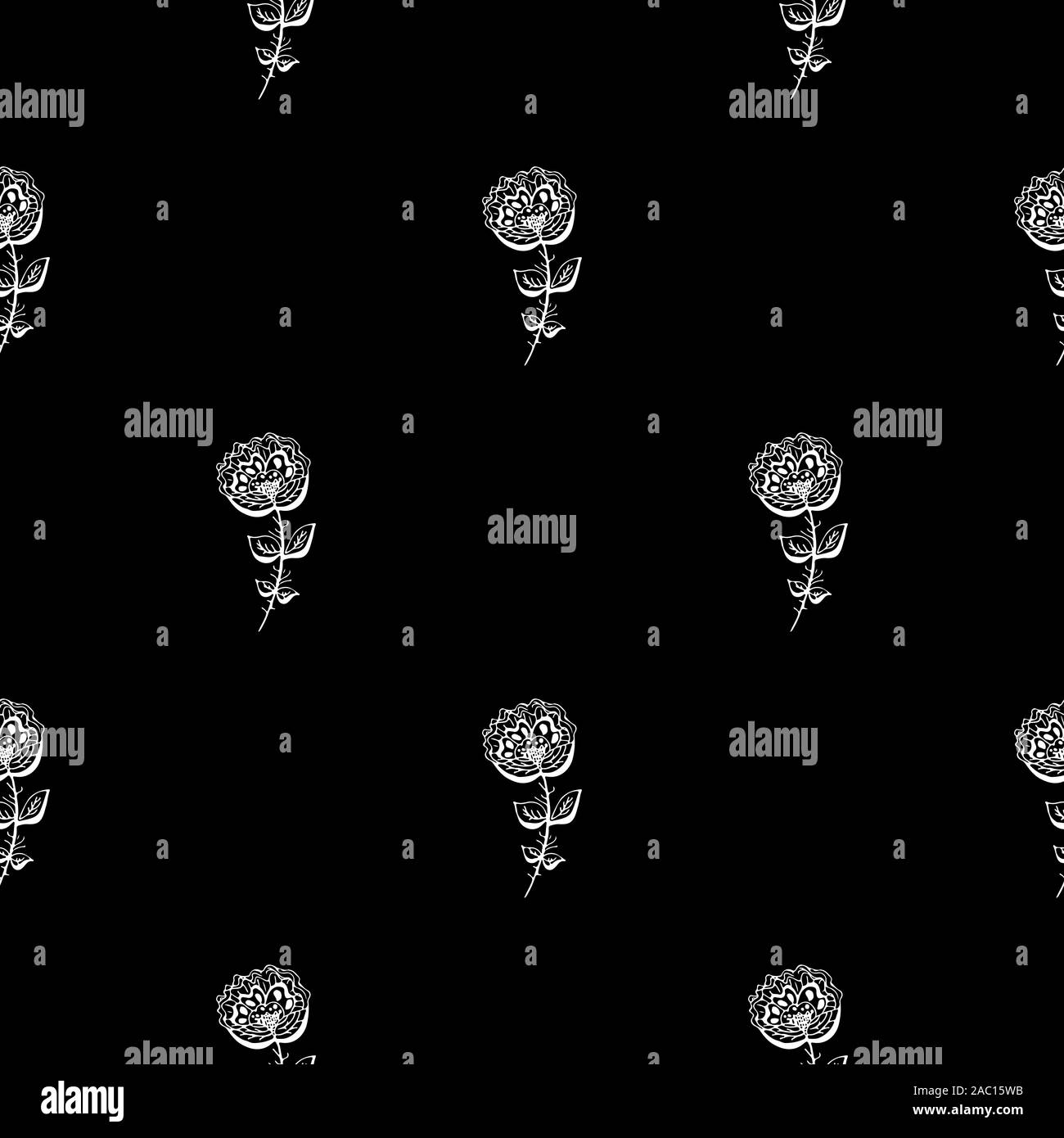 Seamless hand drawn pattern of abstract rose flowers isolated on black ...