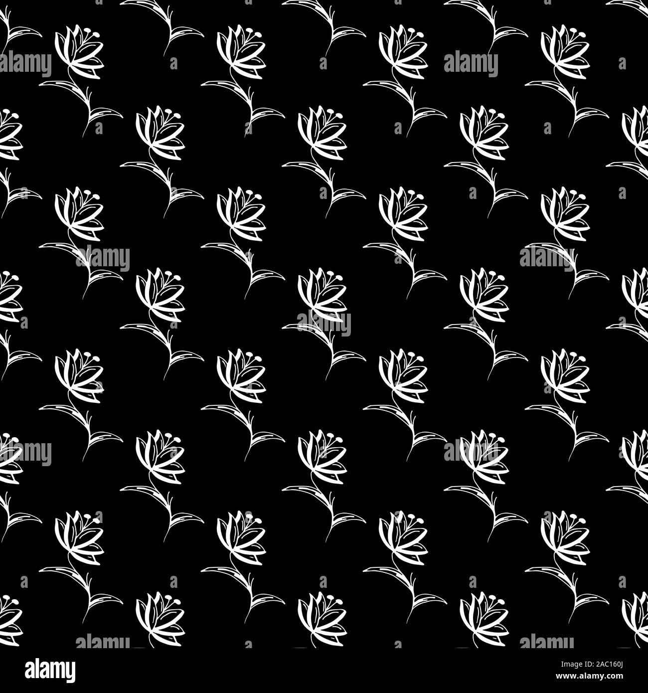 Seamless hand drawn pattern of abstract rose flowers isolated on black ...