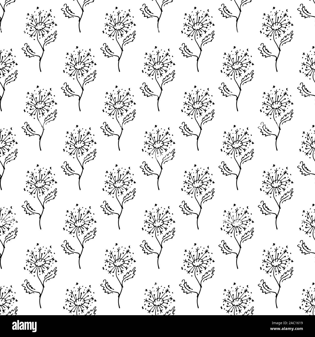Seamless hand drawn pattern of abstract dandelion flowers isolated on ...