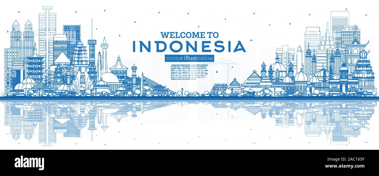 Outline Welcome to Indonesia Skyline with Blue Buildings and Reflections. Vector Illustration. Tourism Concept with Historic Architecture. Indonesia. Stock Vector
