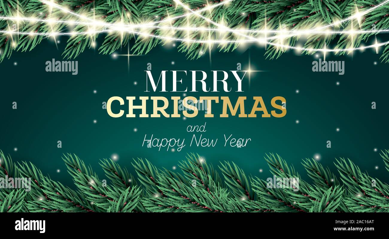 Greeting Card with Fir Branch and Neon Garland on Green Background ...