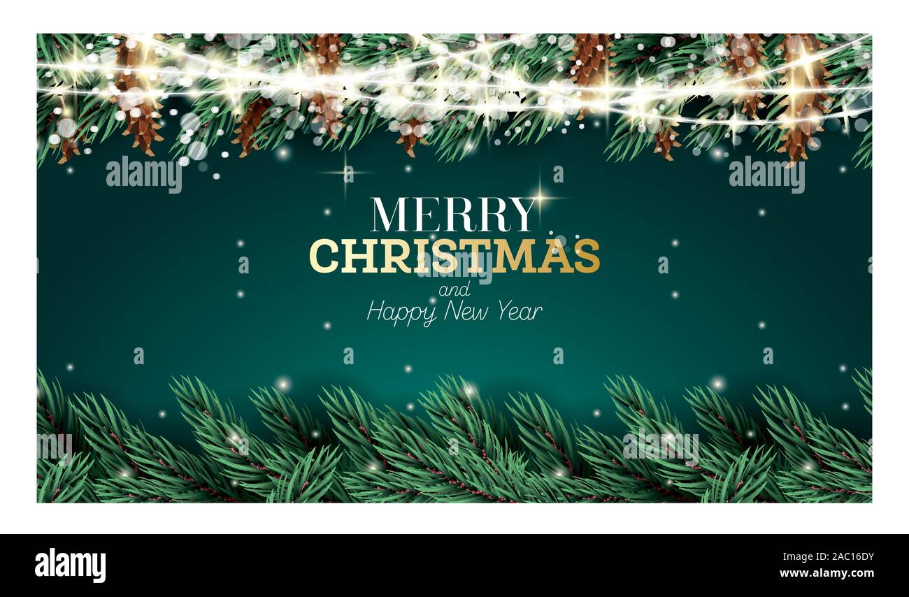 Greeting Card with Fir Branch, Neon Garland, Cones and Snowflakes on ...
