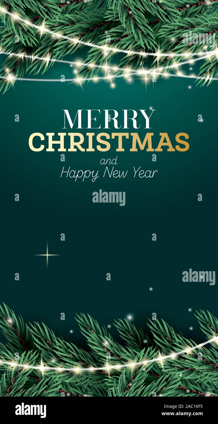 Merry Christmas and Happy New Year Greeting Card. Fir Branch with Neon ...