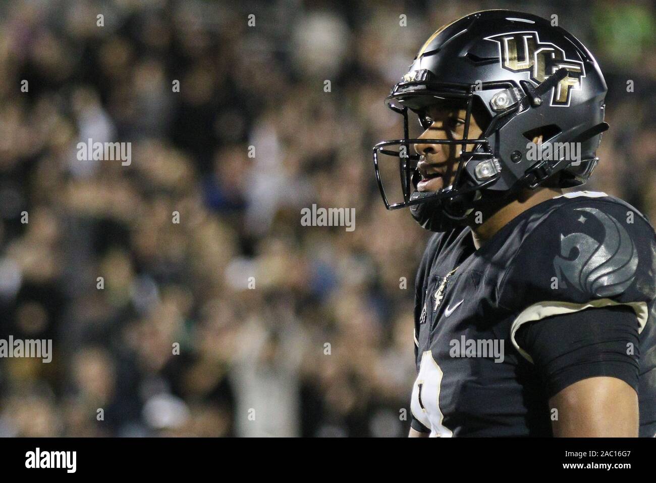 November 29, 2019: UCF Knights quarterback Darriel Mack Jr. (8) looks on after scoring a touchdown during the NCAA football game between the South Florida Bulls and the UCF Knights held at Spectrum Stadium in Orlando, Florida. Andrew J. Kramer/Cal Sport Media Stock Photo