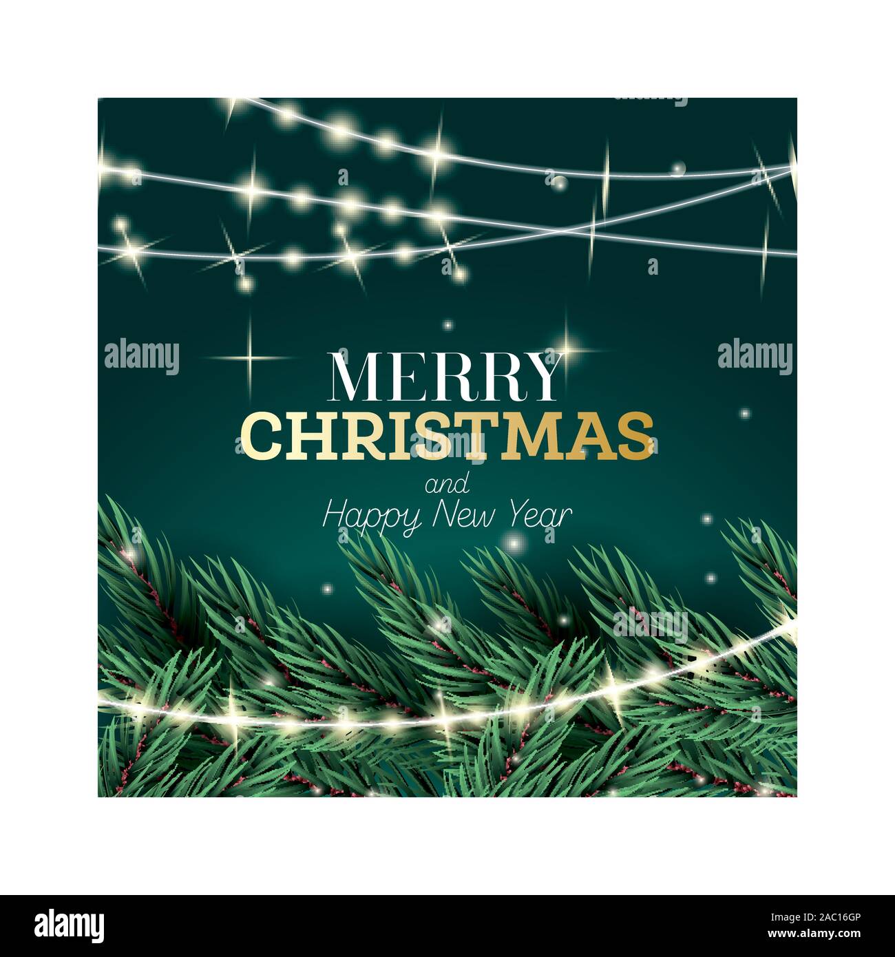 Merry Christmas and Happy New Year Greeting Card. Fir Branch with Neon ...