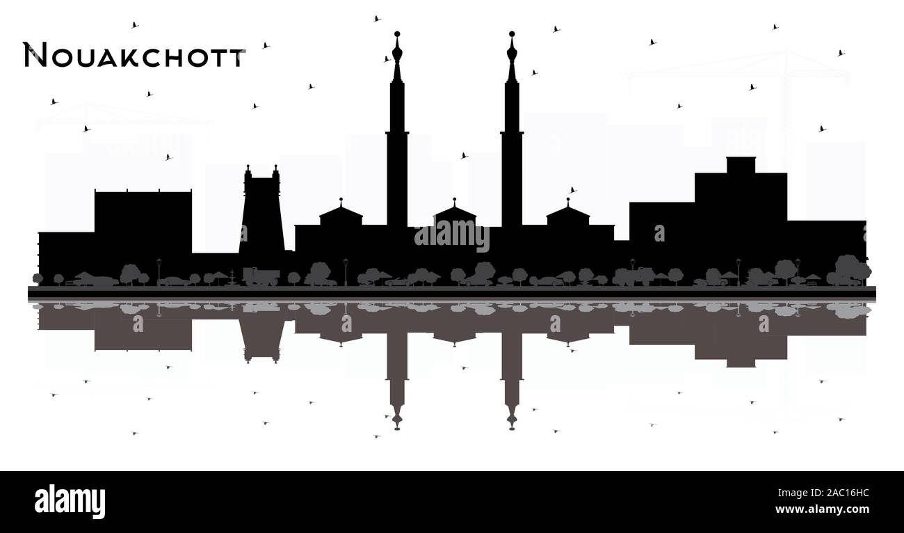 Nouakchott Mauritania City Skyline Black and White Silhouette with Reflections. Vector Illustration. Stock Vector