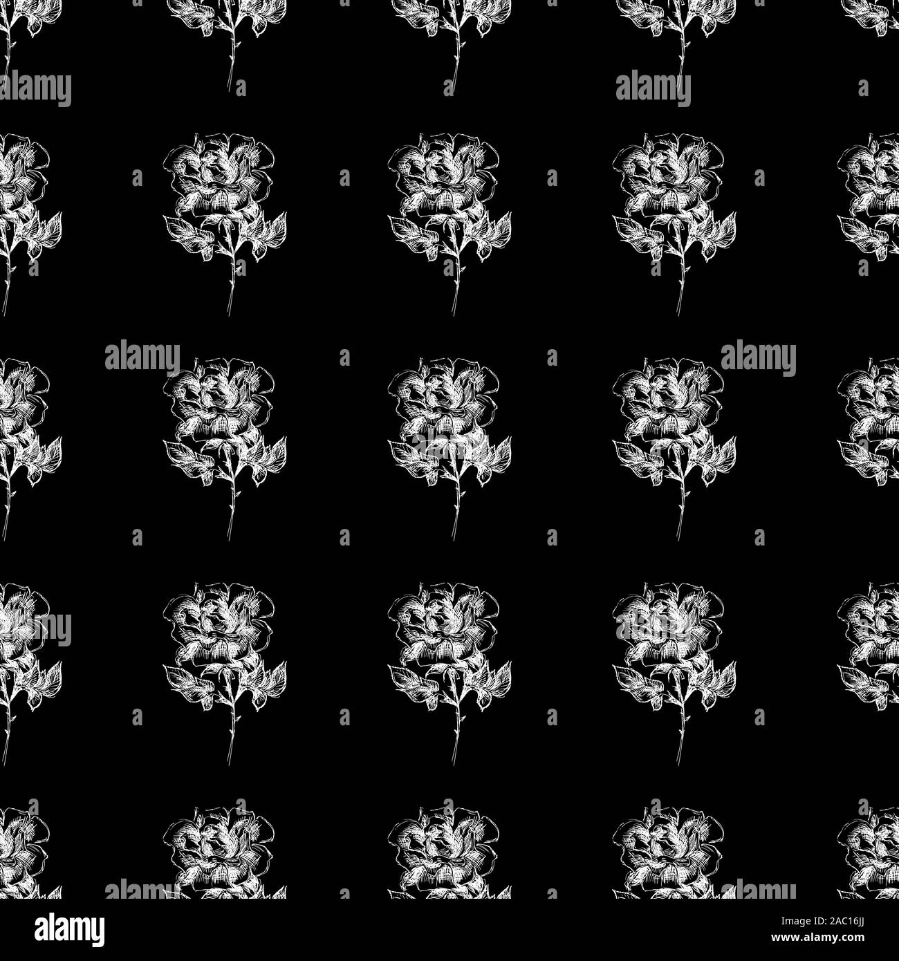 Seamless hand drawn pattern of abstract rose flowers isolated on black ...