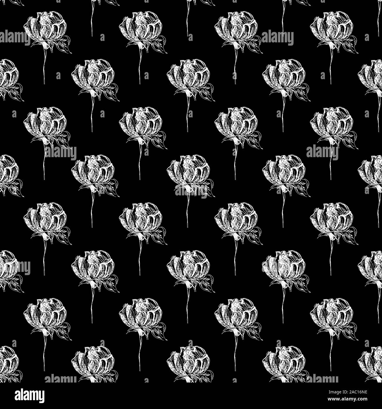 Seamless hand drawn pattern of abstract rose flowers isolated on black ...