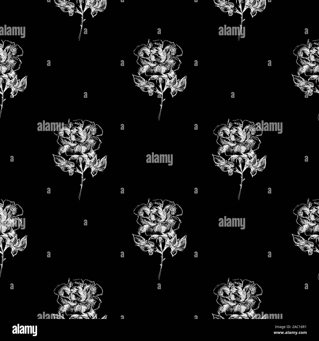 Seamless hand drawn pattern of abstract rose flowers isolated on black ...