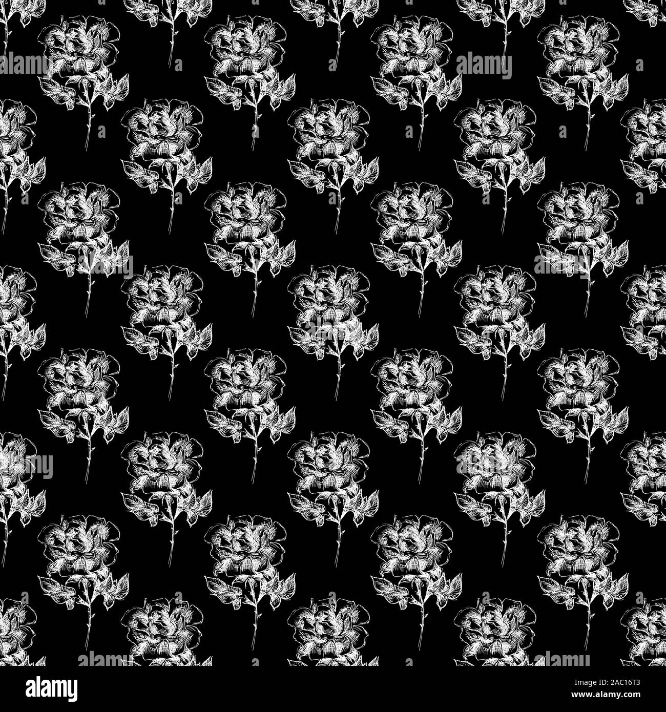 Seamless hand drawn pattern of abstract rose flowers isolated on black ...