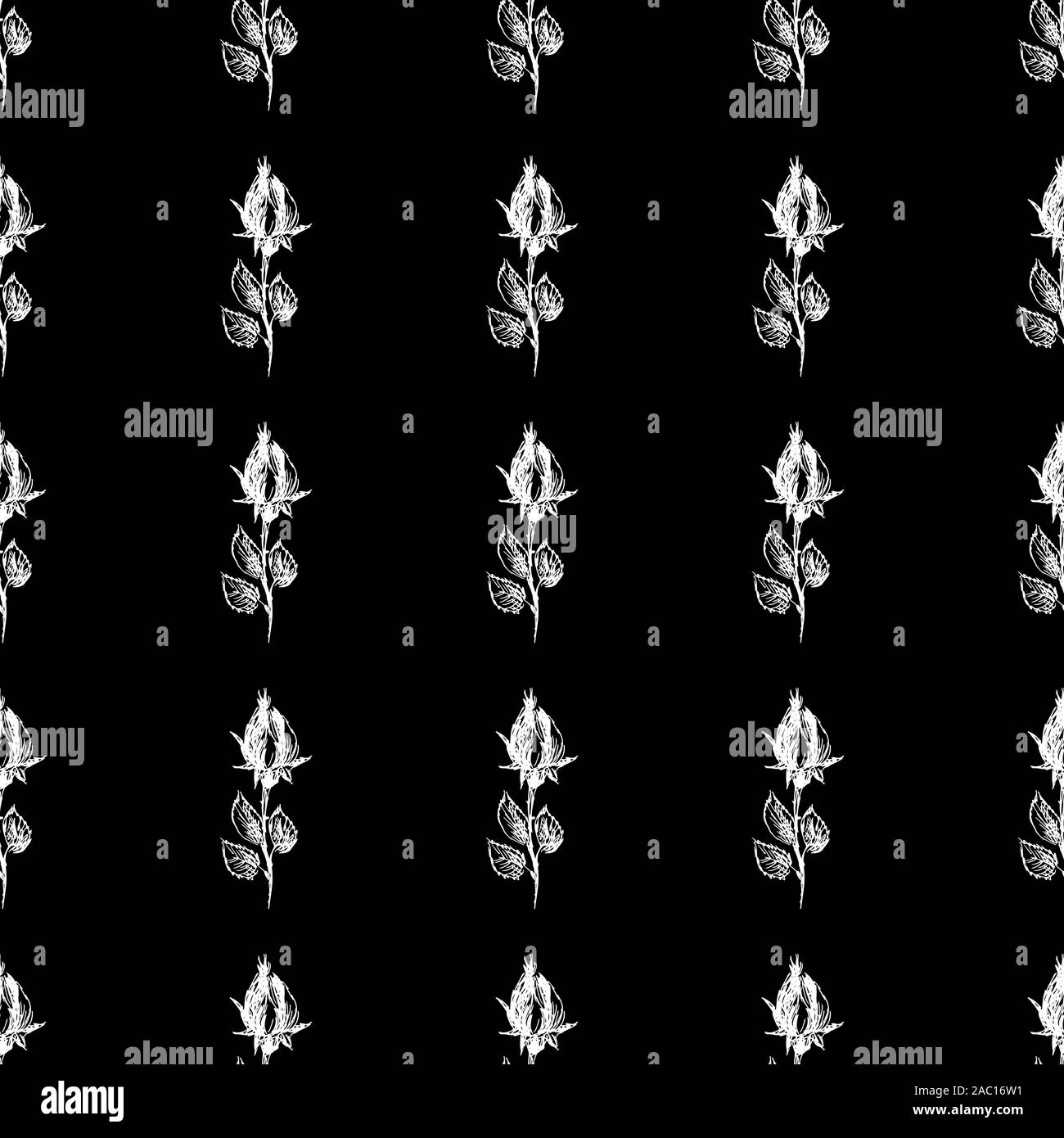 Seamless hand drawn pattern of abstract rose flowers isolated on black ...