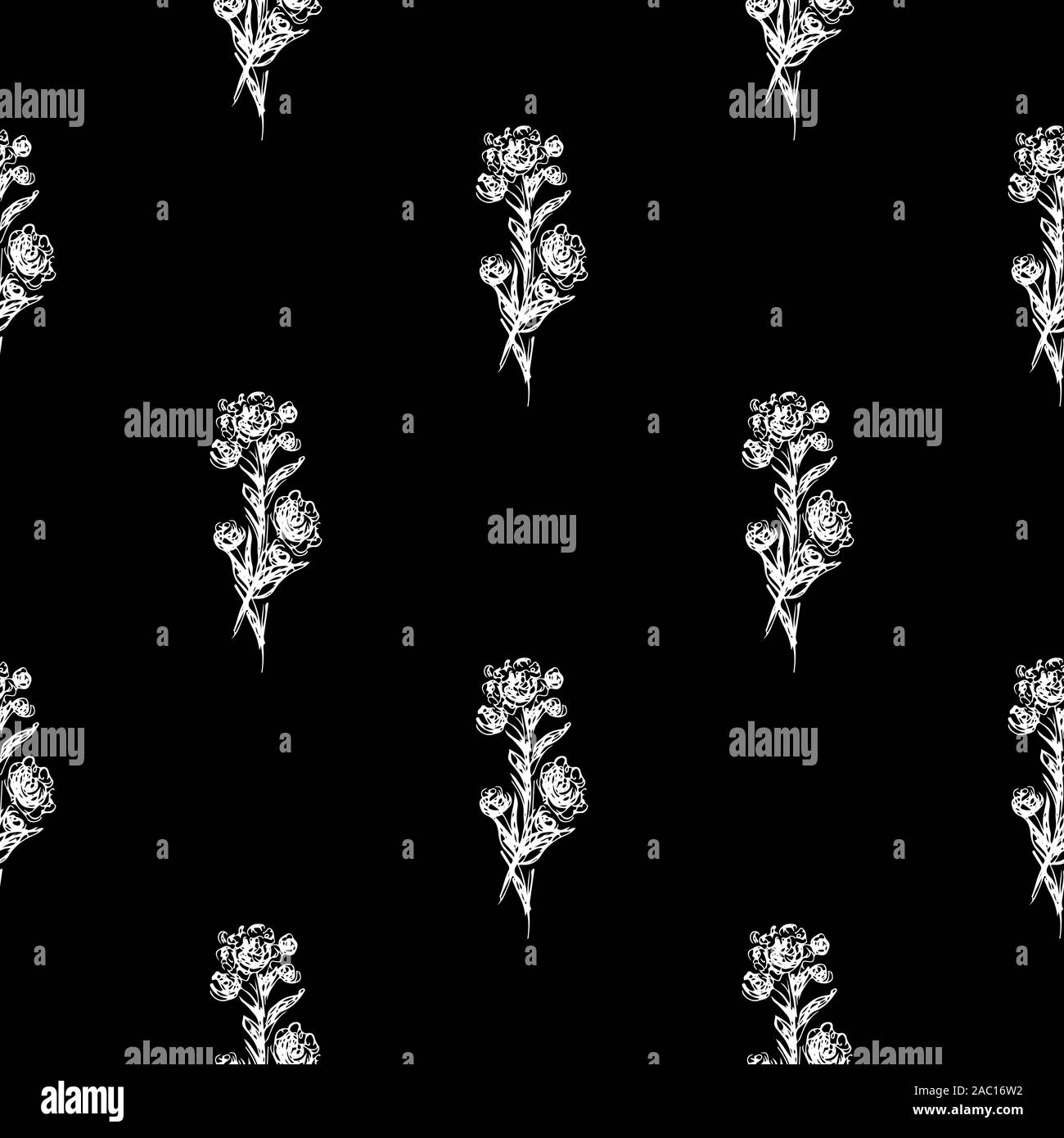 Seamless hand drawn pattern of abstract rose flowers isolated on black ...