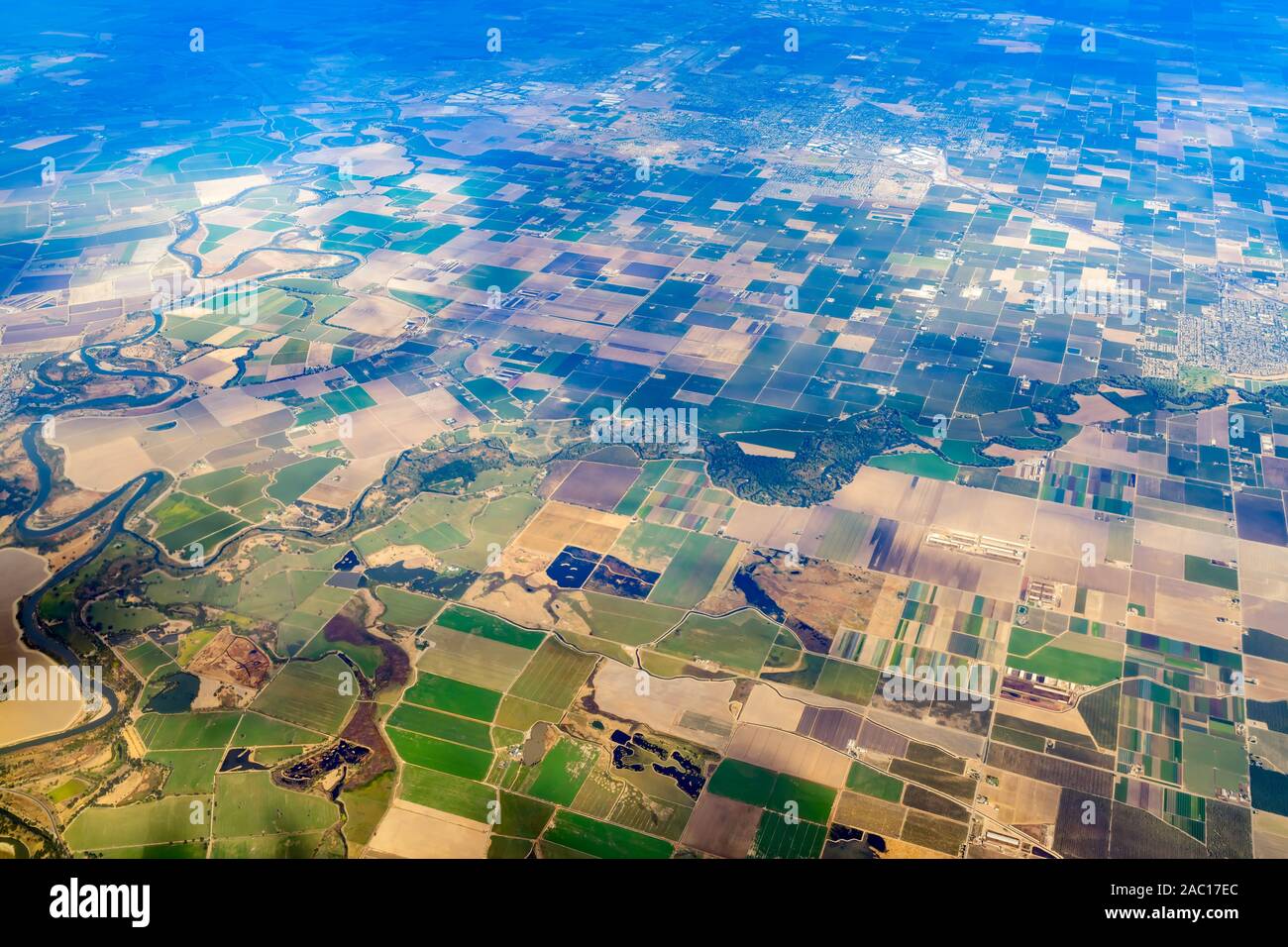 Aerial view of the San Joaquin River National Wildlife Refuge, Stanislaus County at California Stock Photo