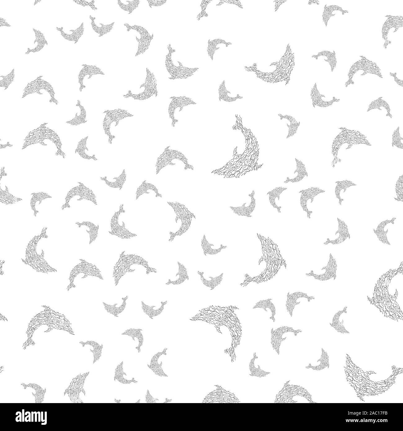 Seamless pattern of dolphins isolated on white background. Hand drawn seamless illustration. Outline. Stock Vector