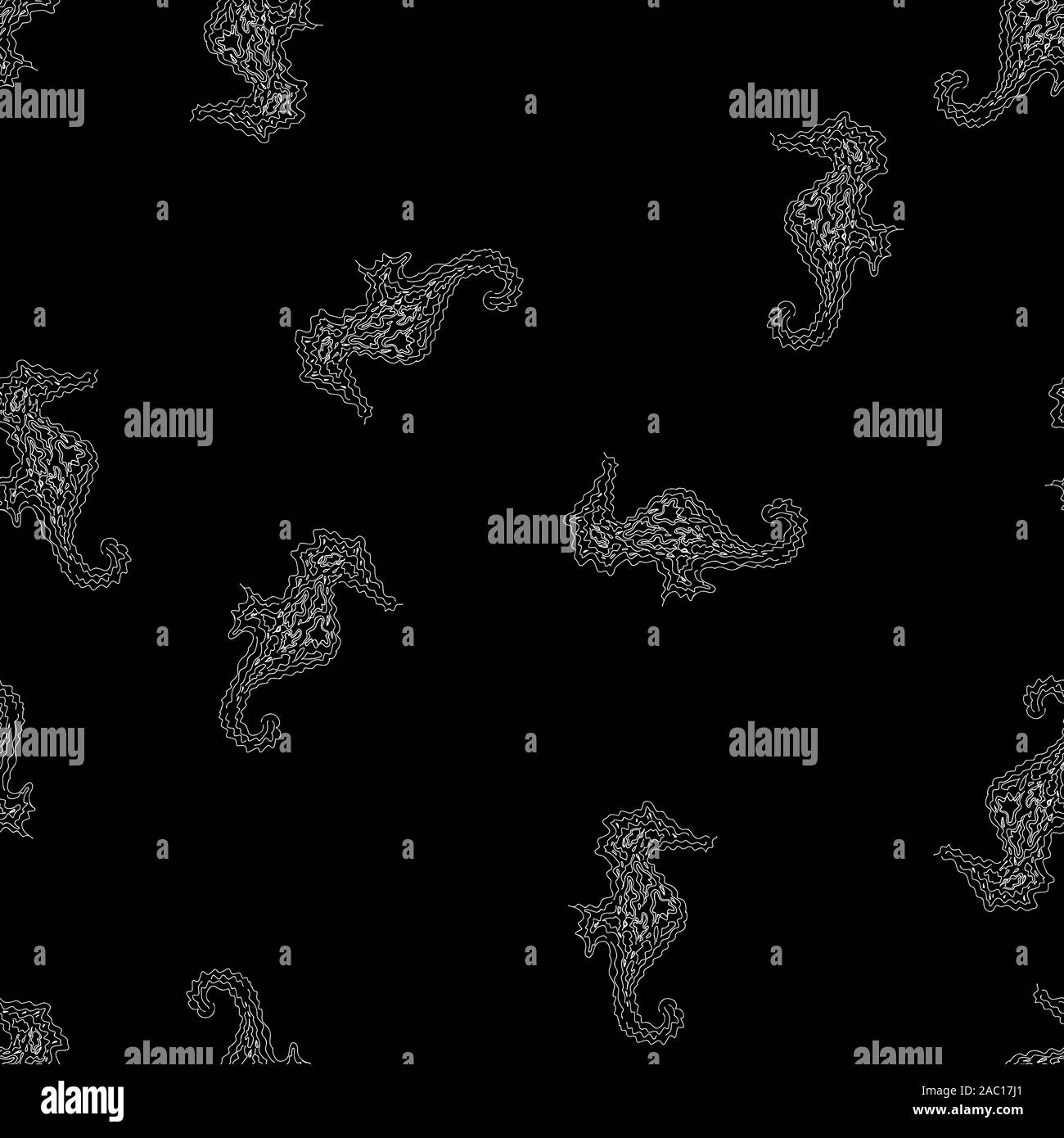 Seamless pattern of seahorses isolated on black background. Hand drawn ...