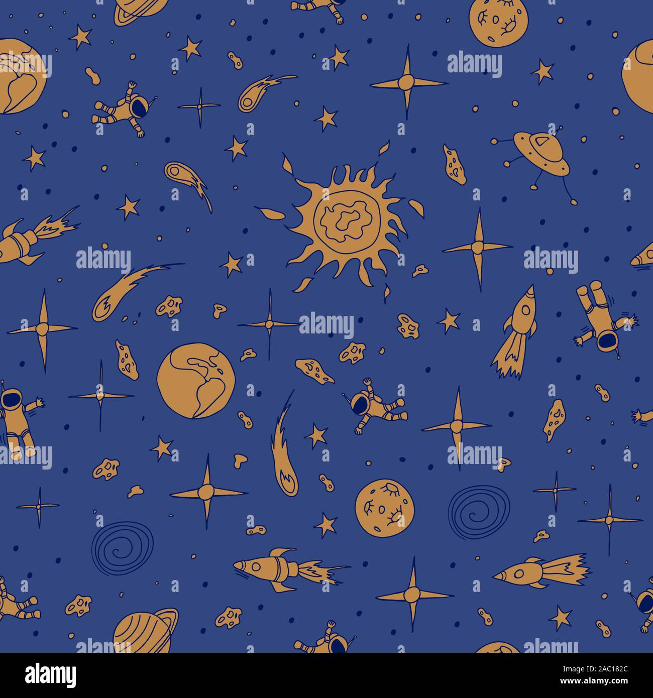 Baby boy space seamless pattern. Beige cosmic objects on dark blue