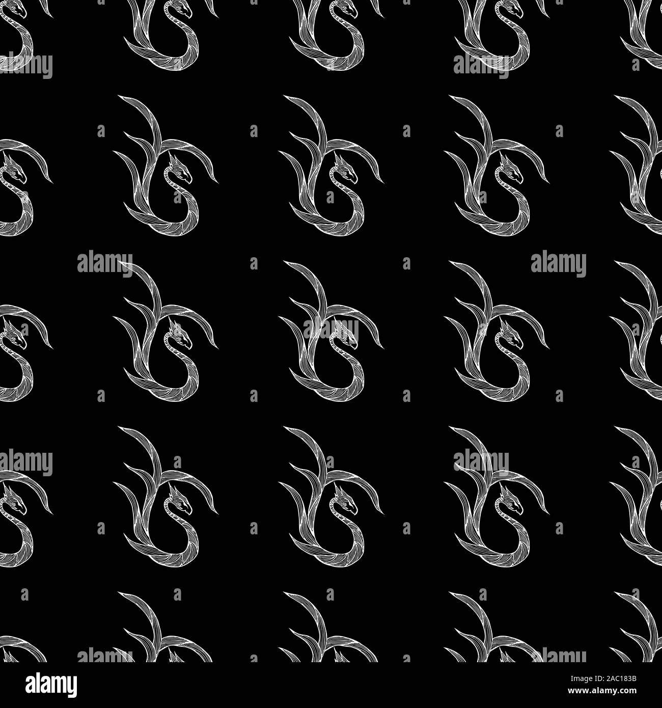 Seamless pattern of hand drawn vector dragon isolated on black ...