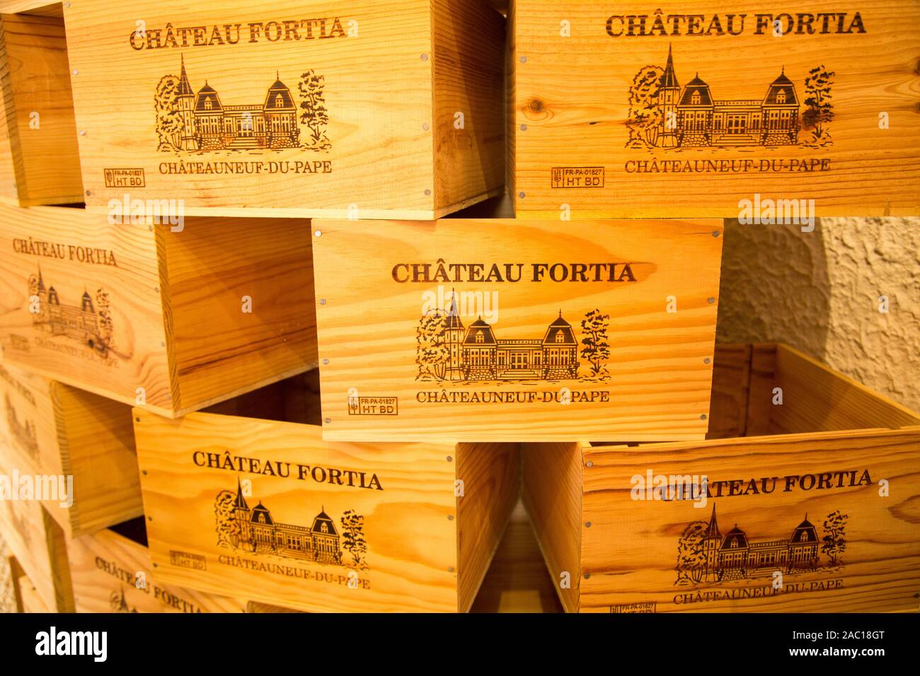 Cases of wine in the Chateauneuf du Pape region of France Stock Photo