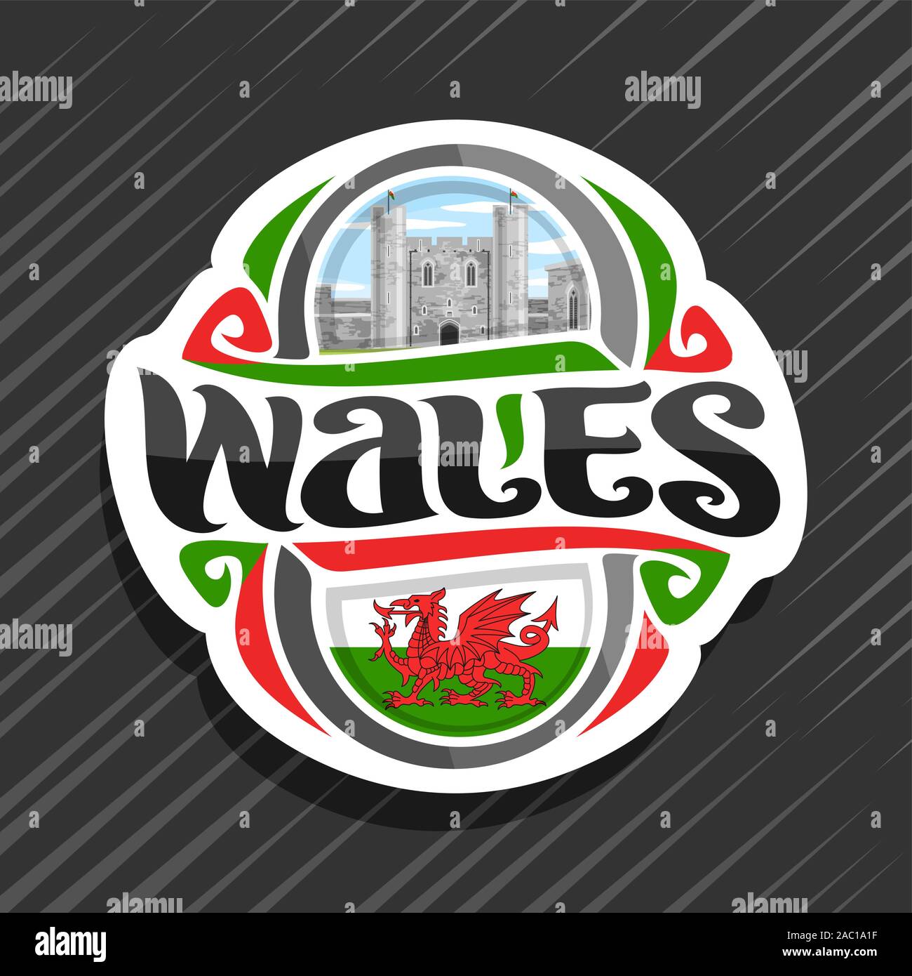 Vector logo for Wales, fridge magnet with welsh flag with red dragon, original brush typeface for word wales and national welsh symbol - Caerphilly ca Stock Vector