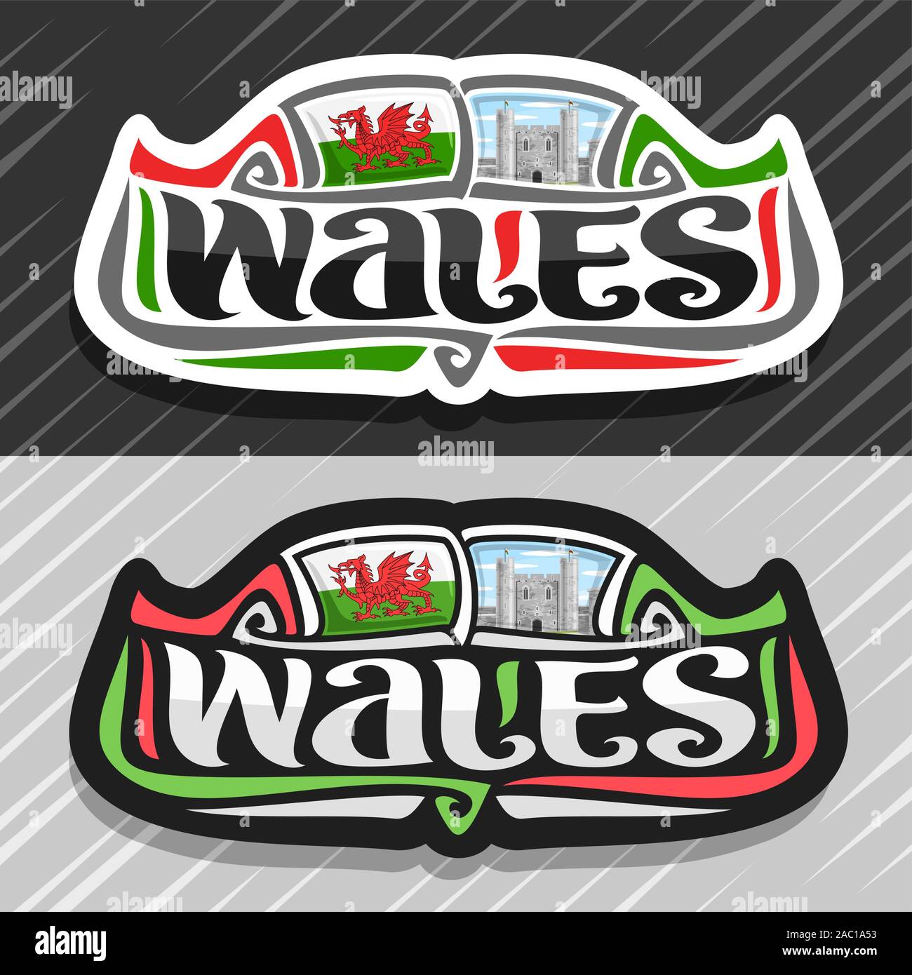 Vector logo for Wales, fridge magnet with welsh flag with red dragon, original brush typeface for word wales and national welsh symbol - Caerphilly ca Stock Vector