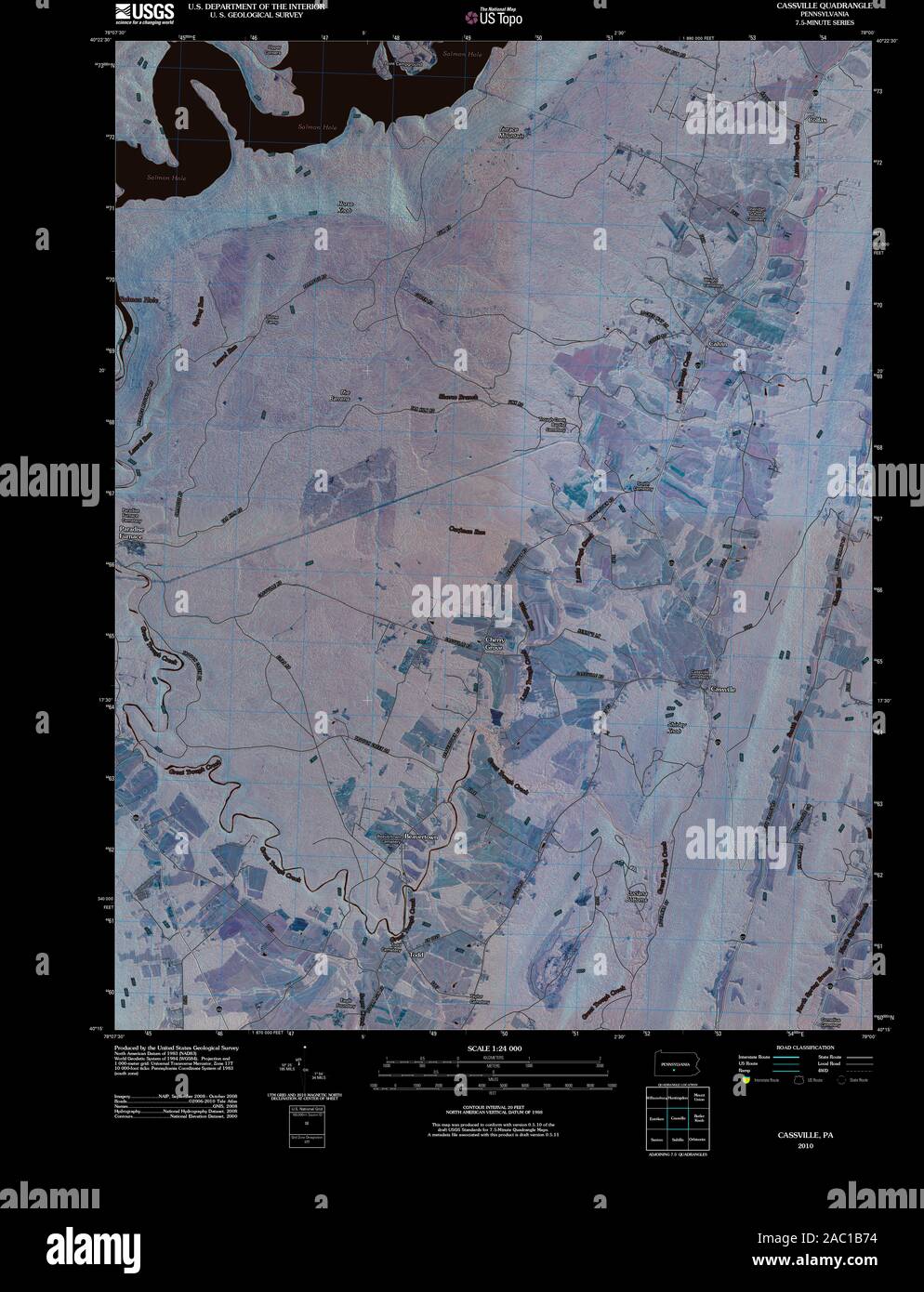 USGS TOPO Map Pennsylvania PA Cassville 20100602 TM Inverted Restoration Stock Photo