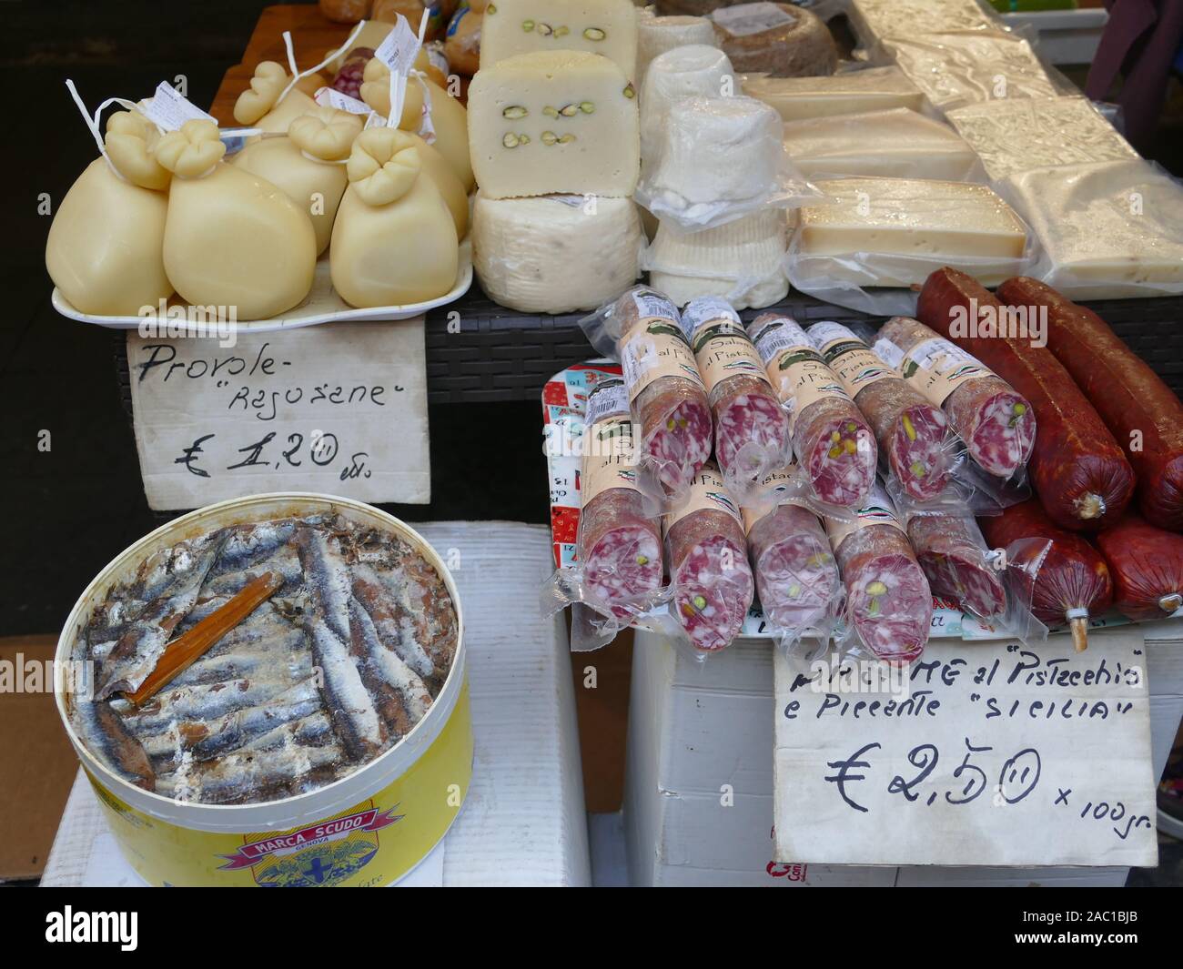 The Deli Stall in Siracusa Market, Sicily Stock Photo