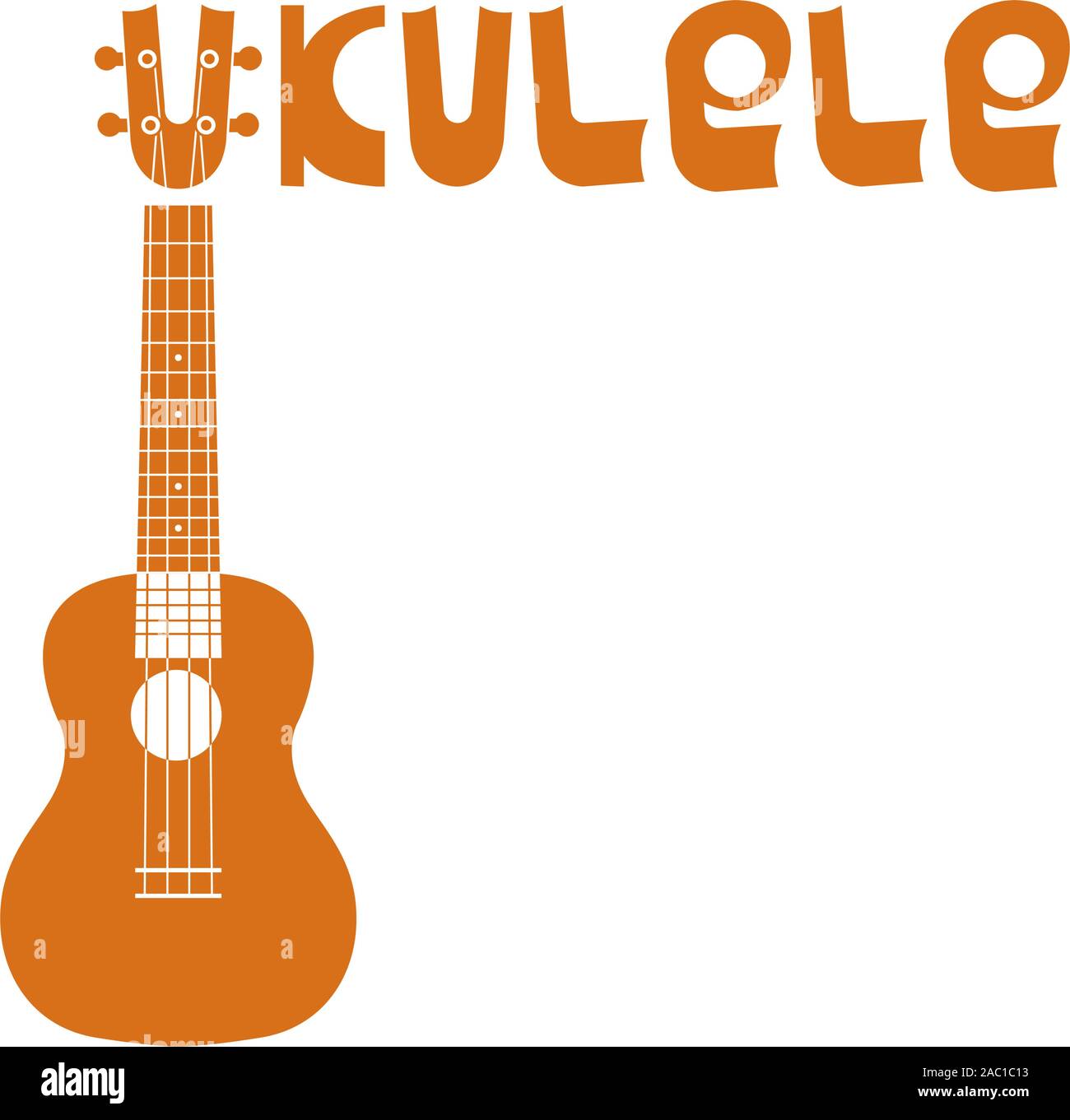 Ukulele Hawaiian guitar. Lettering of the word ukulele. String musical instrument. Simple brown vector illustration. Logo, badge, icon Stock Vector