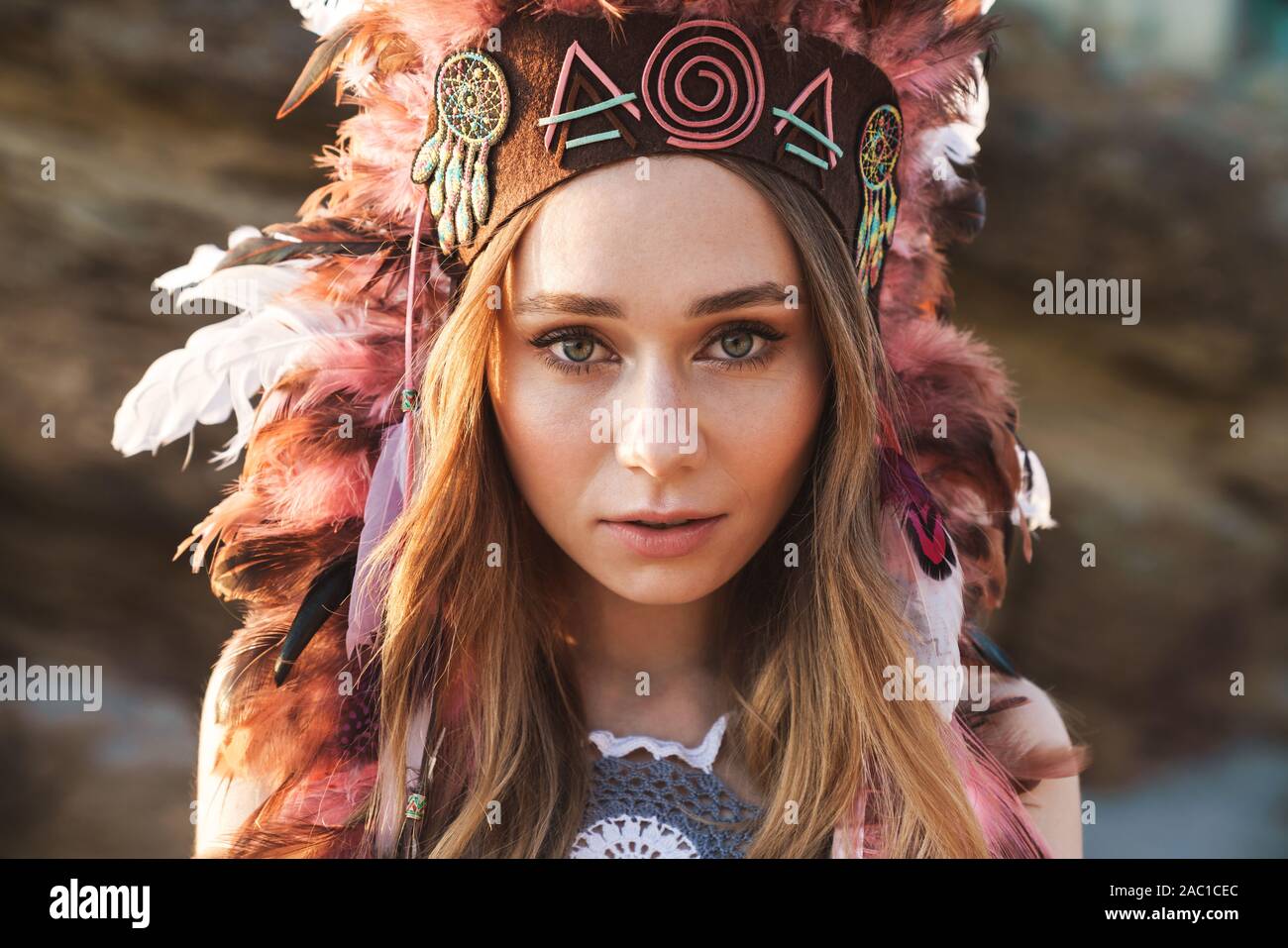 indian chief feather headdress walking 