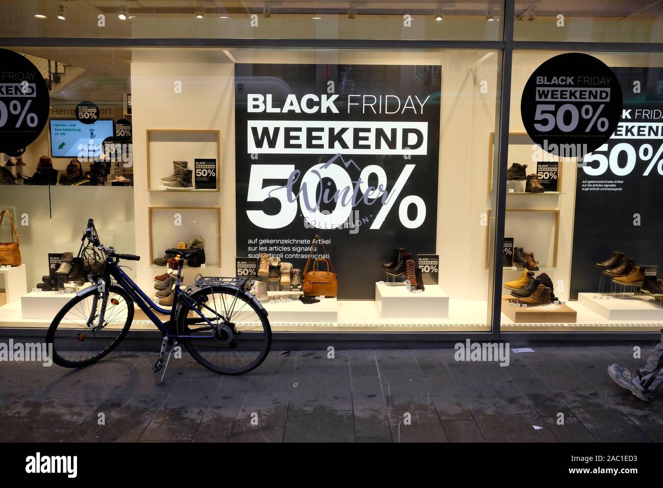 Shops display black Friday sale sign, Basel, Switzerland Stock Photo