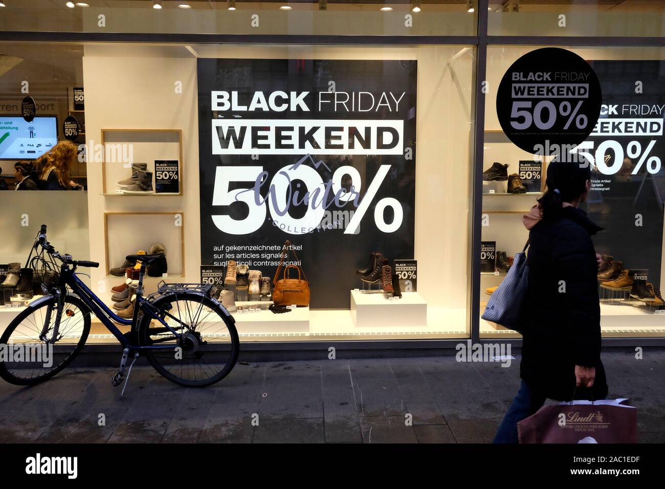 Shops display black Friday sale sign, Basel, Switzerland Stock Photo