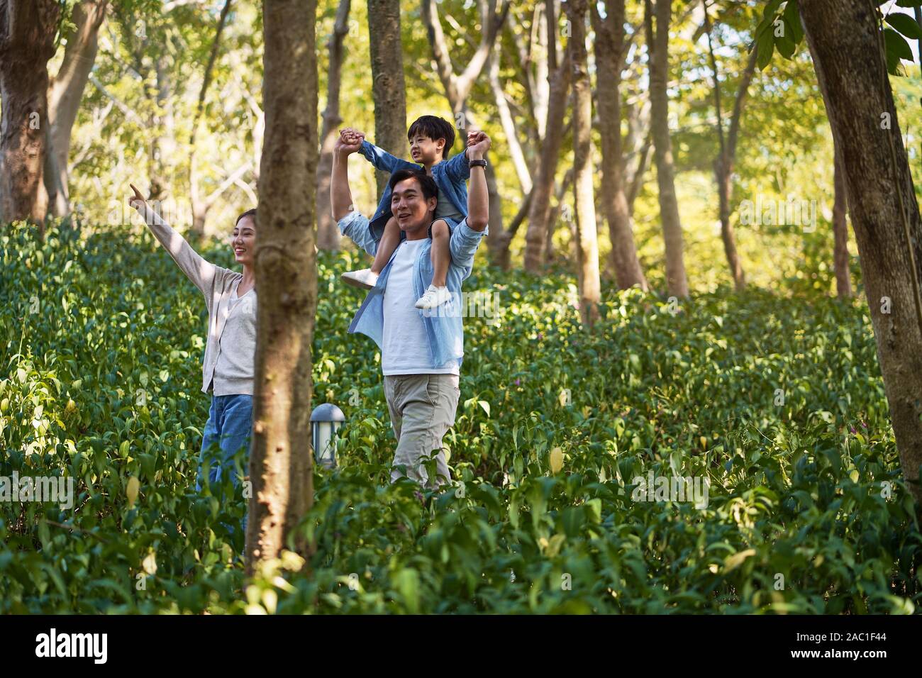 happy asian mother father and son walking in woods Stock Photo