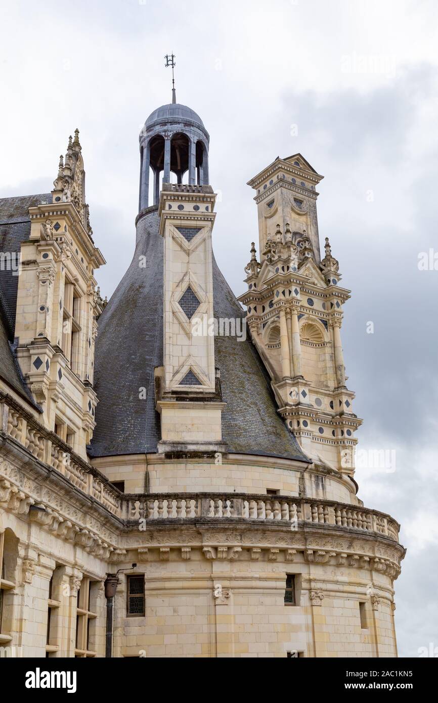 Chateau de Chambord, view of the terrace roof and elaborate towers and pinnacles , in Loire valley, Centre Valle de Loire in France Stock Photo