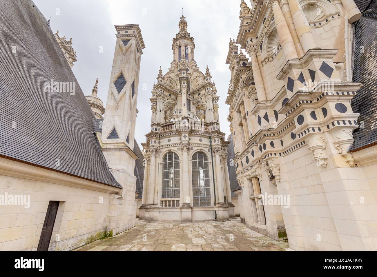Chateau de Chambord, view of the terrace roof and elaborate towers and pinnacles , in Loire valley, Centre Valle de Loire in France Stock Photo