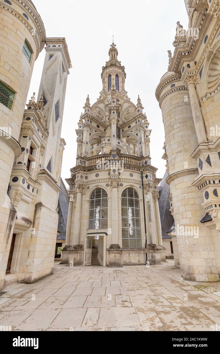 Chateau de Chambord, view of the terrace roof and elaborate towers and pinnacles , in Loire valley, Centre Valle de Loire in France Stock Photo