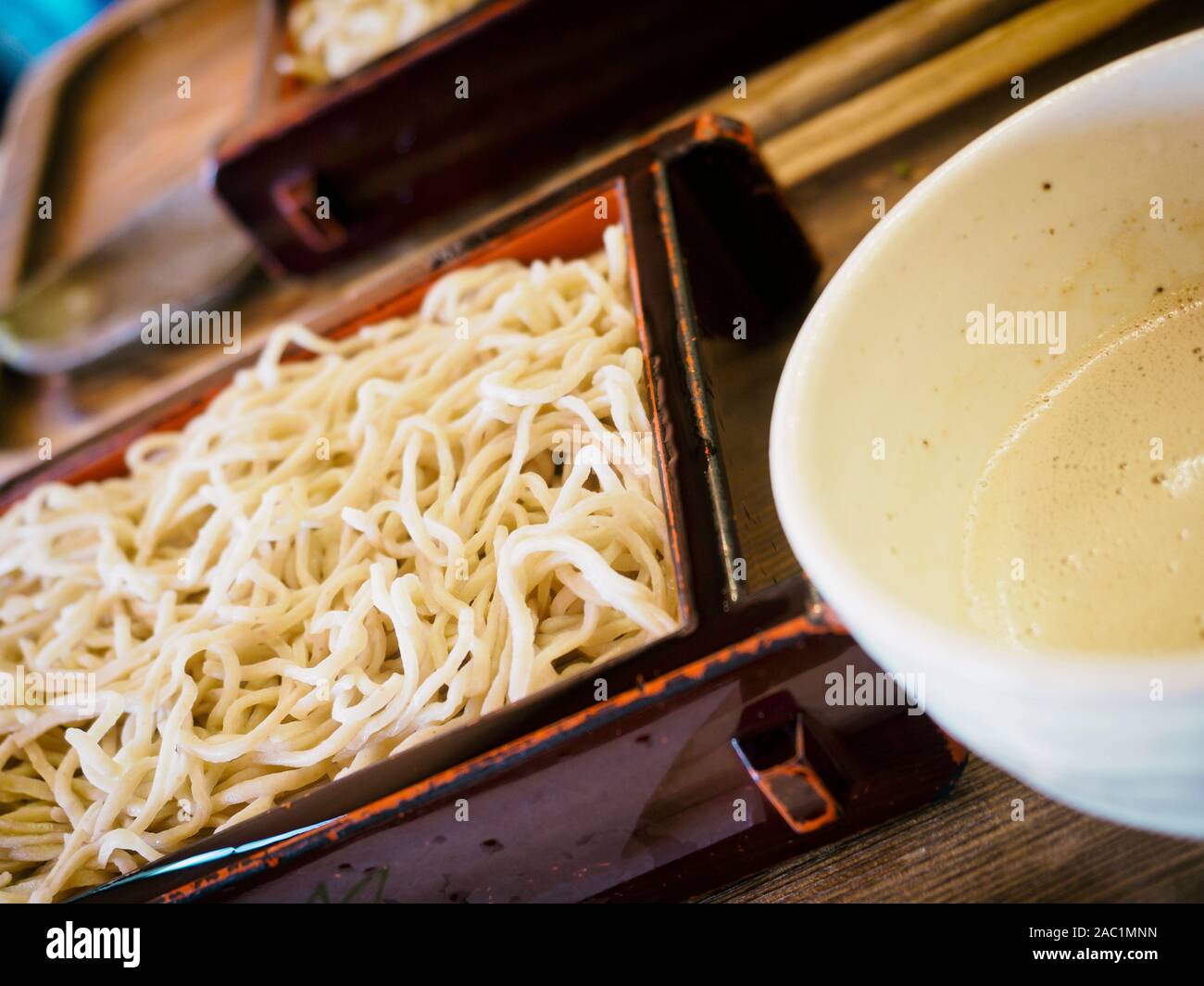 Cold soba noodles served with dipping sauce in summer in Japan Stock