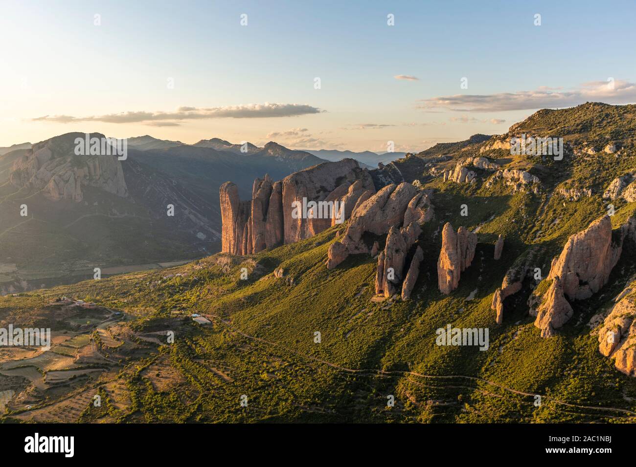 Mallos de Riglos, a set of conglomerate rock formations in Spain Stock Photo