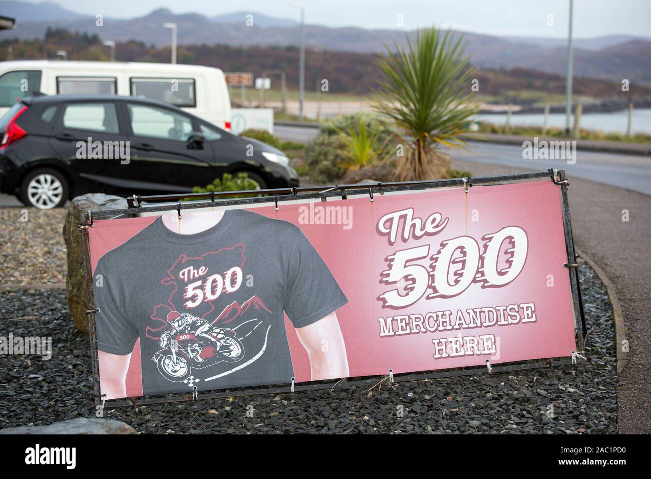 North Coast 500 merchandising in a shop in Gairloch. This 500 mile driving route has become controversial with some locals as it is far too popular cl Stock Photo