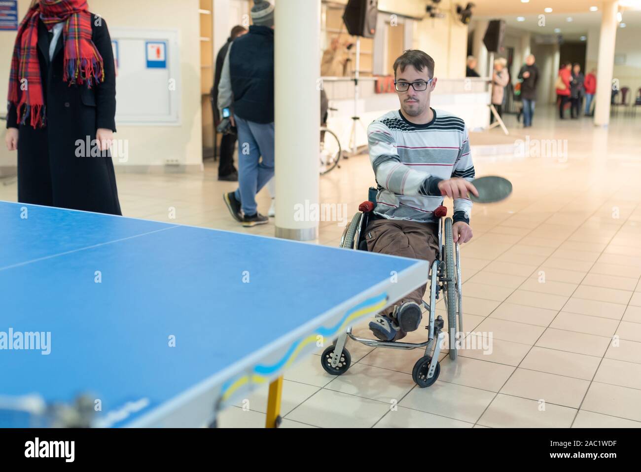 Vitebsk, Belarus -November 17, 2019 A disabled person plays table tennis. Stock Photo