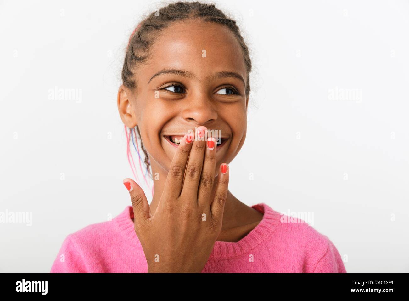 Image closeup of cute african american girl laughing and covering her ...